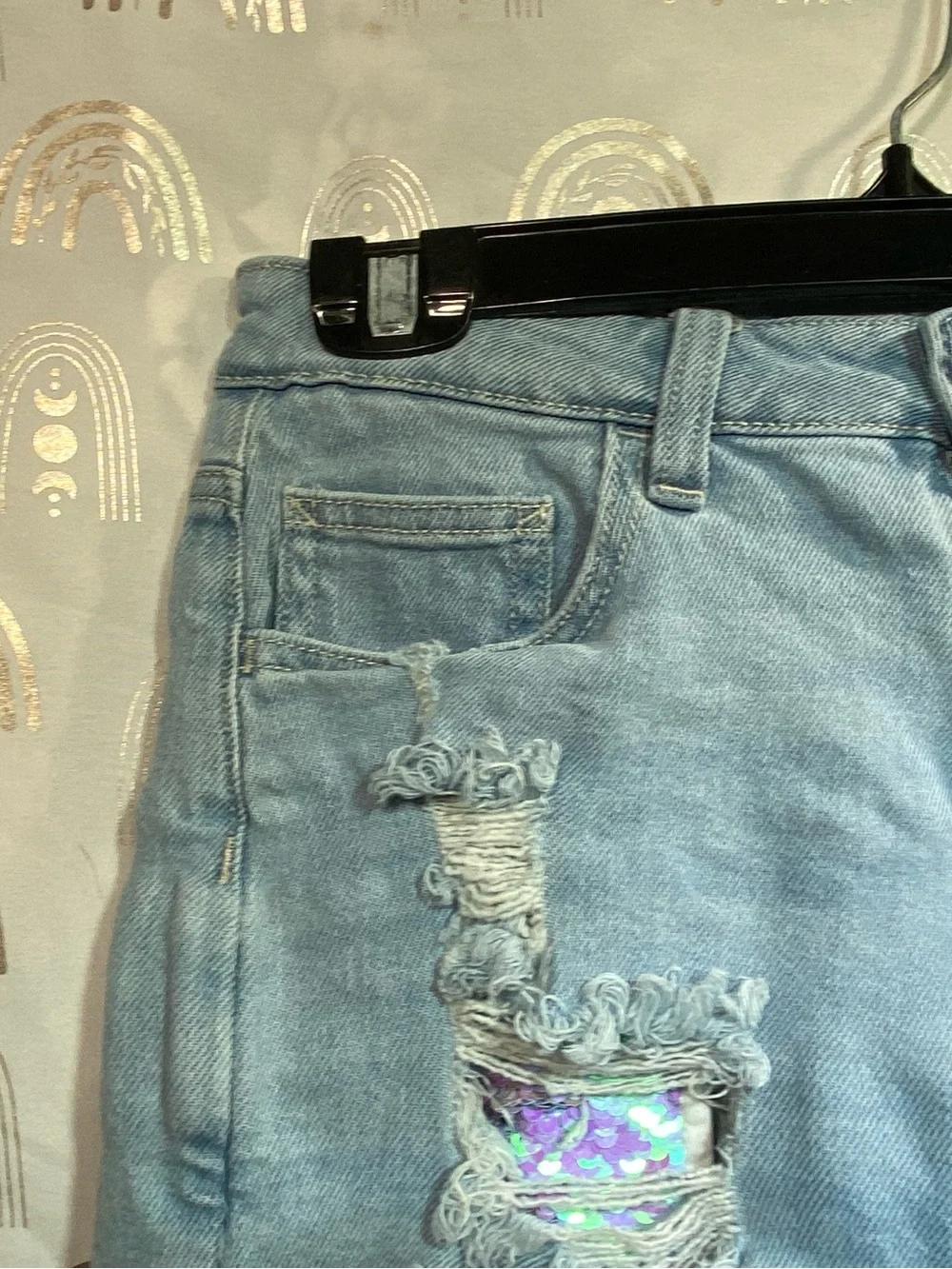 Justice Light Wash Denim Shorts with Purple Sequin Inset